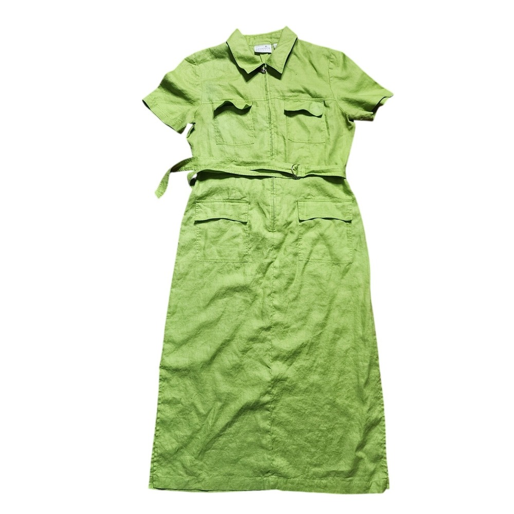 Liz‎ Claiborne Linen Midi Shirt Dress Lime Green Short Sleeve Belted Pockets 12